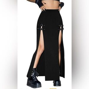ROMWE Black Maxi Skirt with Buckle Details